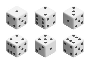 White dice with black dots. Vector set isolated on white background. 3d dice.