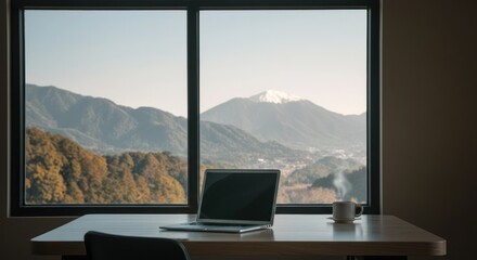 Fototapeta premium Laptop and coffee cup on desk with window view of snow-capped mountains trees