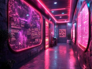 A futuristic, neon-lit room with digital interfaces, possibly for gaming or advanced tech The corridor-like space has reflective floors and natural elements like a plant Angular architecture blends