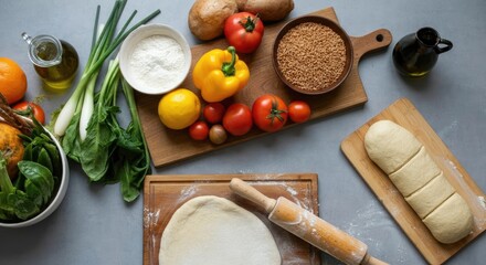 Fresh ingredients and dough on kitchen counter ready for cooking