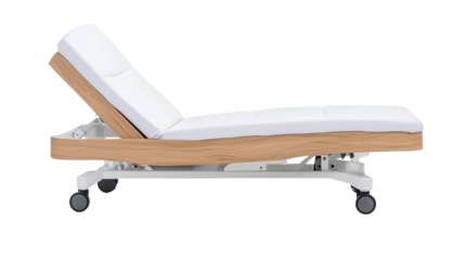 Profile View of Reclining Medical Examination Table with Wood Frame Isolated on Transparent Backgrou