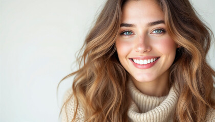 Fototapeta premium Young beautiful woman with long wavy brown hair, smiling in beige sweater on white background.