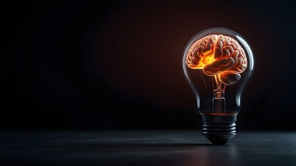  a light bulb with human brain inside against a pure dark background, ai brain or technology concept, large space for copy

