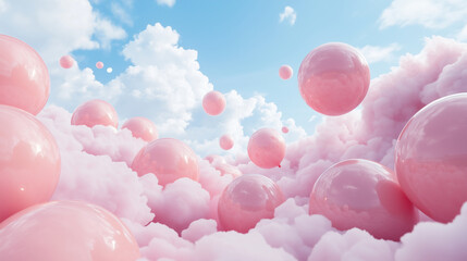 Surreal Floating Pink Spheres Amid Fluffy Clouds