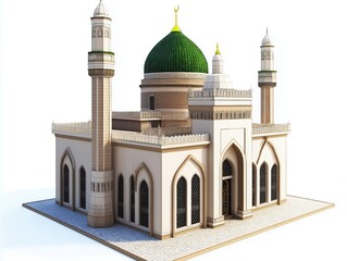 Fototapeta premium Isolated mosque building with intricate design, details. Islamic architecture features prominent dome, minarets. Stylish exterior architectural details. Religious site stands alone against white