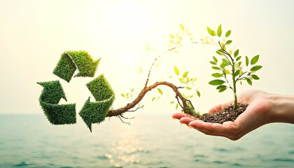 This image features a highly detailed and textured recycling symbol, composed of three interlocking arrows forming a triangular shape. The arrows are colored in various shades of green, creating a nat