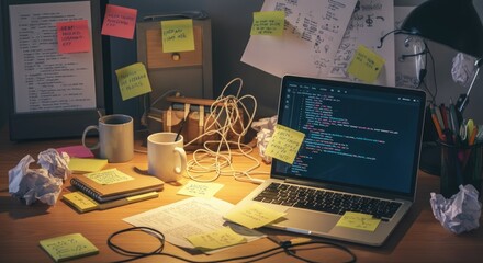 Cluttered workspace with laptop displaying code, sticky notes, papers, and cups