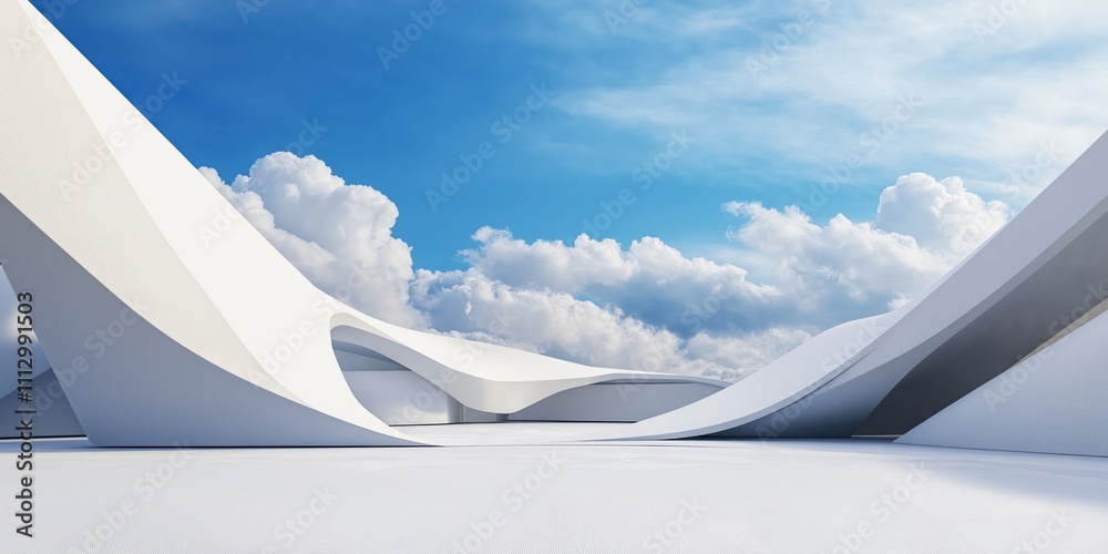 Poster Surreal white minimal architecture display futuristic scene. Geometric shapes, abstract design form landmark structure. Empty space under beautiful blue sky with fluffy clouds. Modern structure with