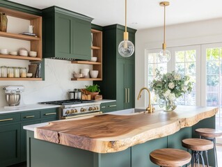 Rustic Kitchen with Wooden Countertop and Green Cabinets