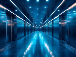 Fototapeta premium A modern elevator corridor, illuminated with blue lights and reflective flooring, depicting a sleek, minimalist design in contemporary architecture