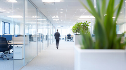 Fototapeta premium Modern Corporate Workspace with Blurred Employees Moving