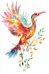 Obraz premium Colorful bird watercolor painting, foliage.
