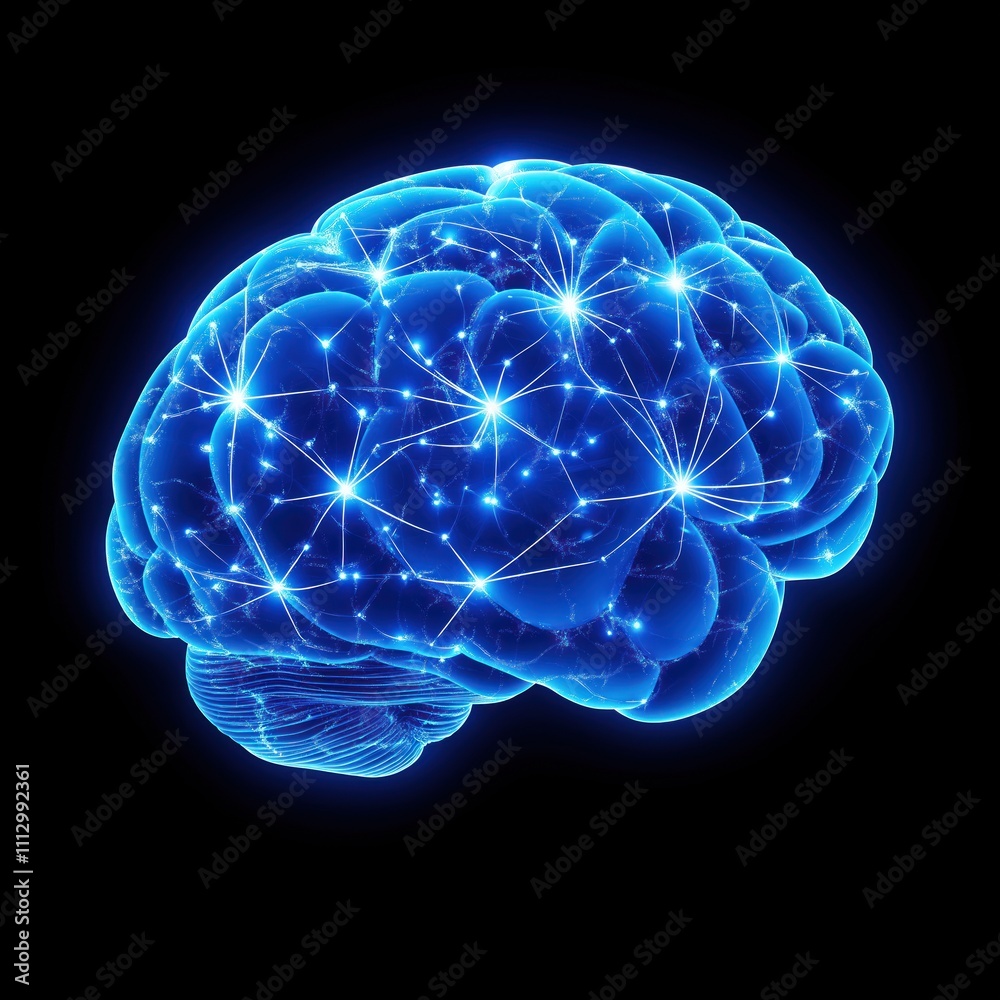 Poster Illustration shows glowing blue tech brain with highlighted neural connections. Complex network suggests advanced tech brain. Future tech potential illustrated. Photo great for medical tech articles,
