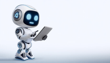 Cute AI robot using tablet while standing facing camera