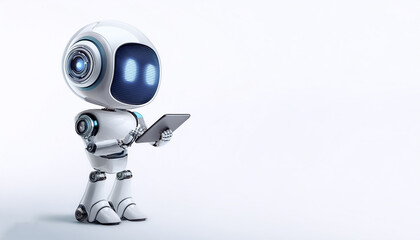 Cute AI robot using tablet while standing facing camera