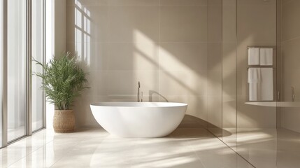 Fototapeta premium Bathroom with a glass shower, bathtub, light beige tiles, and white accents. 