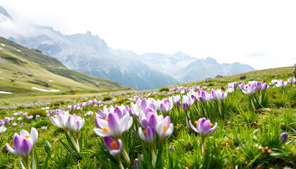 Alpine pastures are covered magic crocus flowers on spring High Tatras mountains isolated with white highlights, png