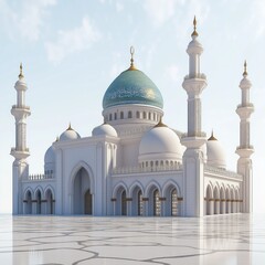 Obraz premium White modern mosque exterior architecture. Islamic design. Large building with domes and minarets. Impressive architectural style. Design details. Elegant appearance. 3D model.