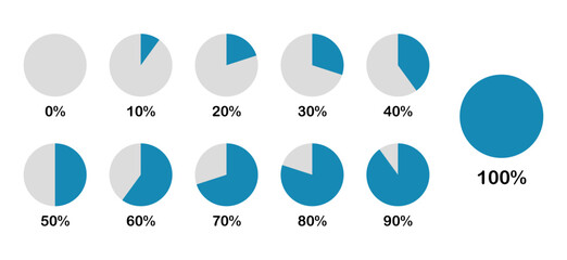 Set of pie chart in blue and light blue color with increasing percentage 0%, 10%, 
20%, 30%, 40%, 50%, 60%, 70%, 80%, 90% and 100%. Circle icons for infographics. Pie chart diagrams.