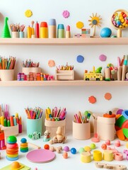 Colorful art supplies and toys on shelves.
