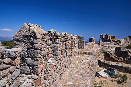 stone walls of the medieval fortress in Molyvos on the island of Lesbos