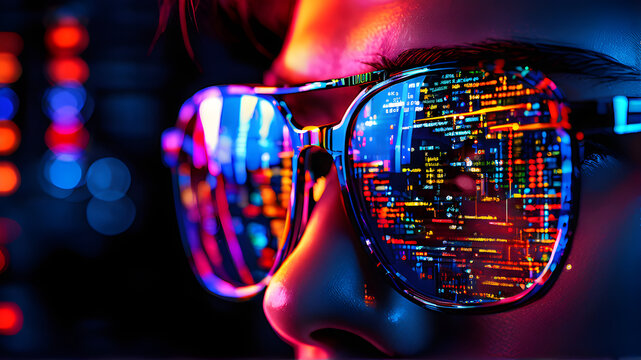 Computer code reflection on developer programmer glasses Closeup Cyber Information Digital Data Software Hacker Security Technology illustration