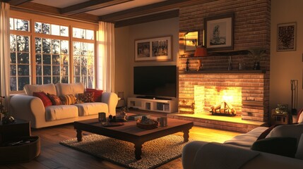 Fototapeta premium Cozy living room featuring a fireplace as the focal point.