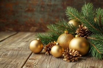 Golden Christmas ornaments and pinecones arranged with evergreen branches on rustic wood.
