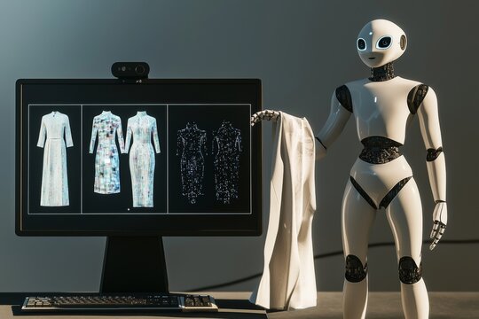 A futuristic humanoid robot, showcasing a stylish dress on its arm, stands beside a computer displaying digital fashion designs.