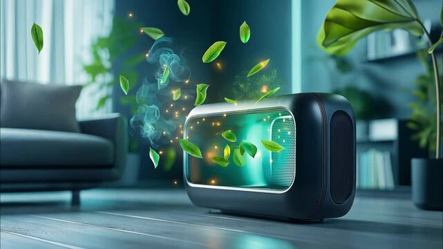 A futuristic convector heater with glowing blue light and leaves floating around it.