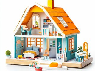 Colorful miniature house, furnished rooms, outdoor patio.