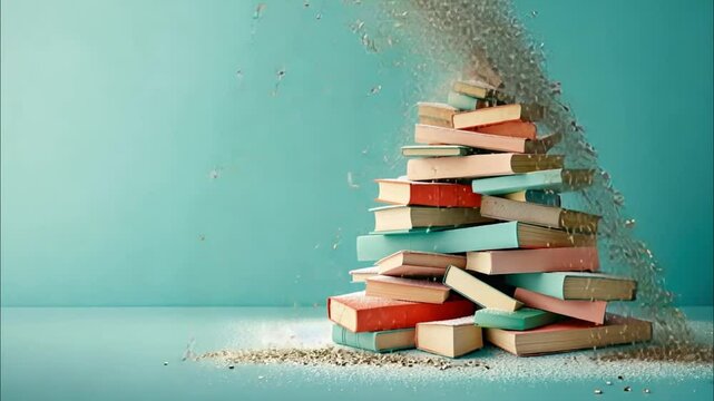 A stack of books arranged in a Christmas tree shape, a whimsical and colorful reminder of the joy of reading.