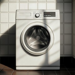 White washing machine sits on a tiled floor. Sunlight casts shadows on the machine. Modern appliance with controls and door. Clean and simple design. Home laundry room or utility space.