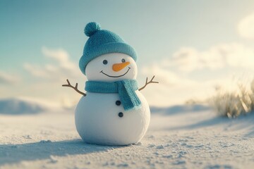 Obraz premium Tiny snowman in a cap and scarf on snowy ground. Christmas card with an adorable snowman, copy space