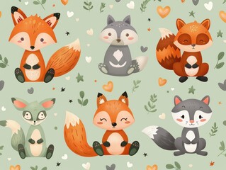 Obraz premium Cute cartoon animals featuring foxes and a raccoon on a soft green background.