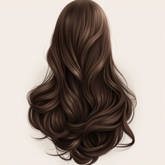 Naklejka premium Beautiful long dark brown wavy hair. Stylish woman with luxurious hair. Elegant, trendy hairstyle. Perfect for beauty products ads. Hair care, salon promotions. Healthy shiny hair. High quality