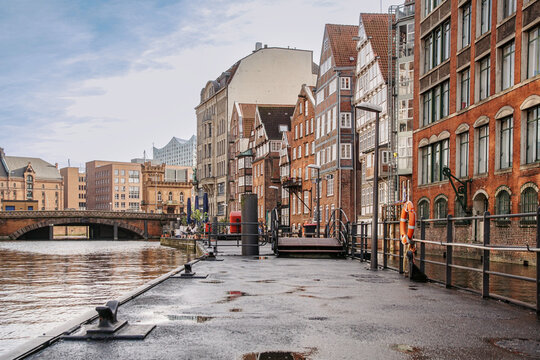 Scenic canal view with historic buildings in Hamburg
