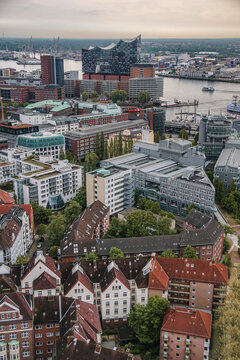 Aerial view of Hamburg with Elbphilharmonie and harbor
