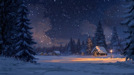 Naklejka premium Fir branches in a snowy forest at night