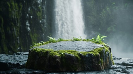 space, podium with  water flowing from the waterfall
