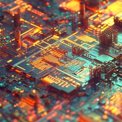 Obraz premium An intricate, glowing circuit board with vibrant orange and blue hues, showcasing advanced technology and design.