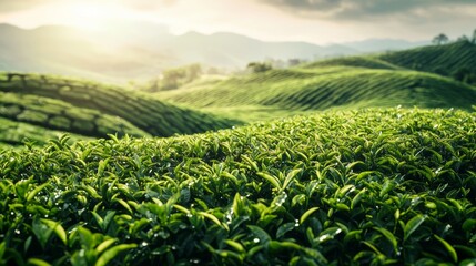 Fototapeta premium Vibrant tea plantation landscape under sunlight