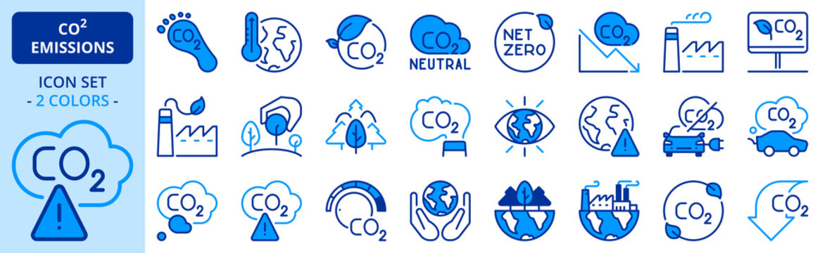 Icons in two colors about co2 emissions