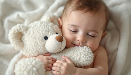 A baby holding a teddy bear, radiating innocence, with soft lighting and a serene atmosphere.