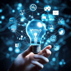 A creative light bulb held by a hand emits sparkling ideas, surrounded by digital icons representing innovation and technology.
