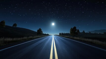 A serene night road stretches under a starry sky and bright moon, evoking tranquility.