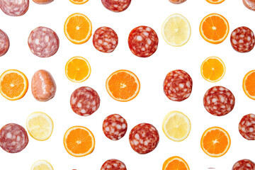 pieces of sausage, lemon and orange on a white background
