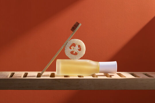 Sustainable Bathroom Products on Wooden Shelf