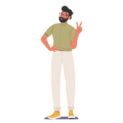 Adult bearded man cartoon character showing v-sign victory gesture with hands isolated on white