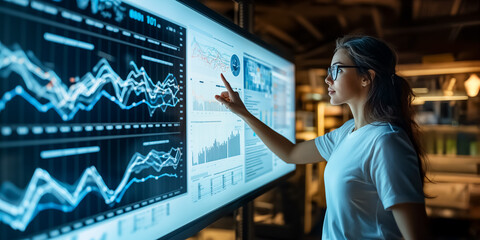 A young female professional worker in a white t-shirt and glasses is touching a large screen with data curves, graphs, and tables. Woman standing near a large digital display in office.